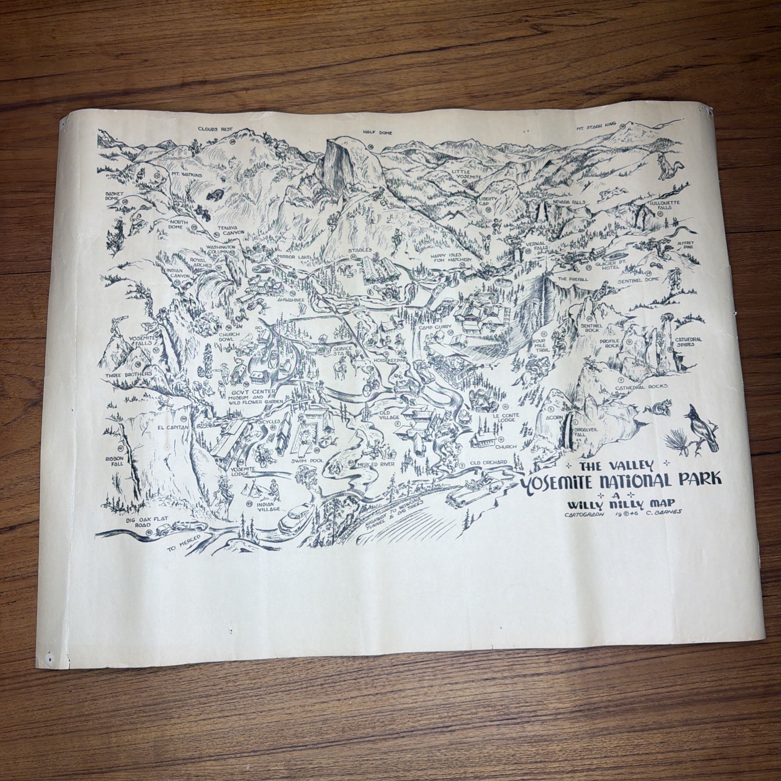 VINTAGE LOVELY CARTOON MAP YOSEMITE A WILLY NILLY MAP BY BARNES 1946