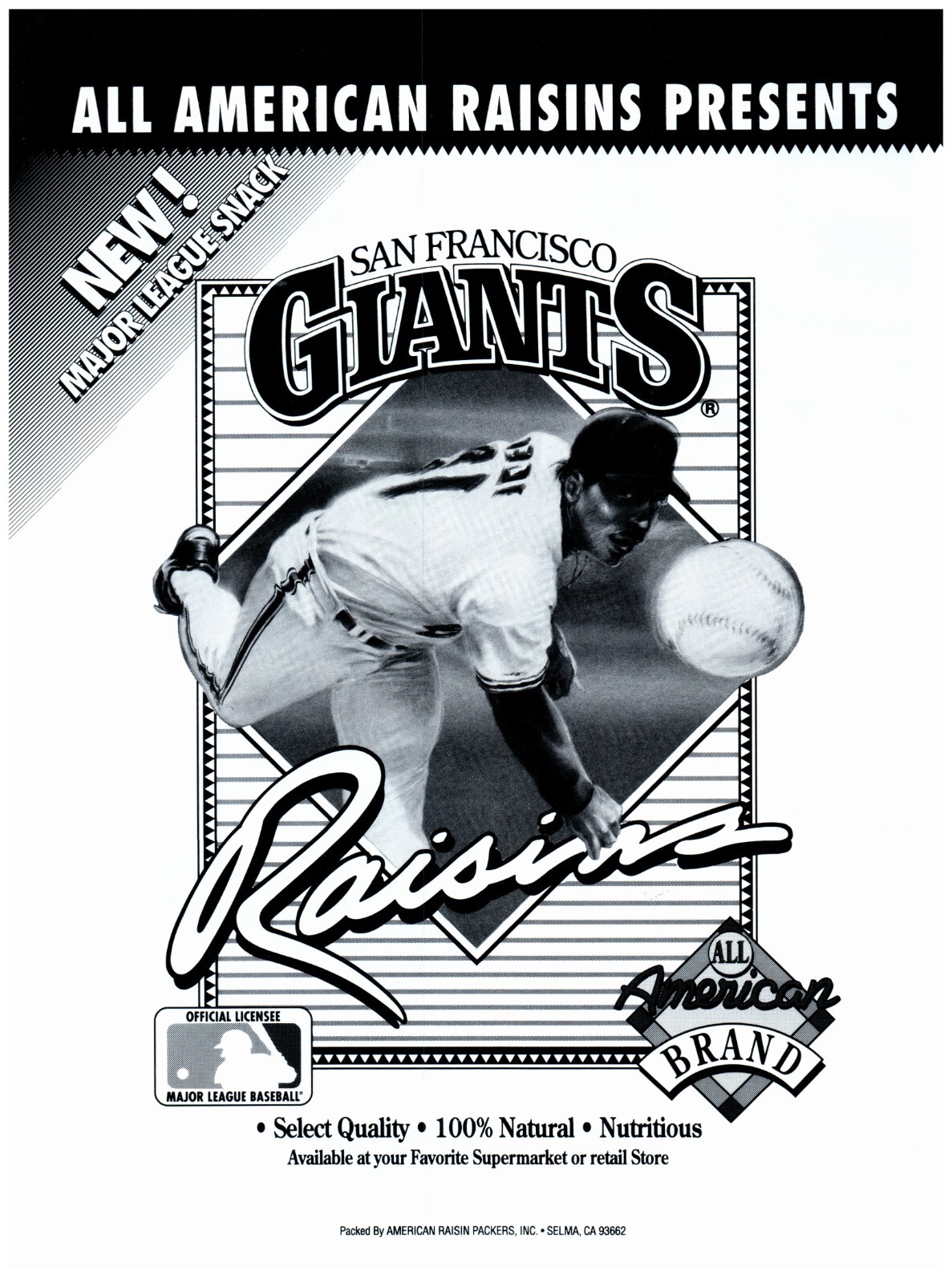 1991 All American Brand Raisins Print Ad, San Francisco Giants Pitcher MLB Snack