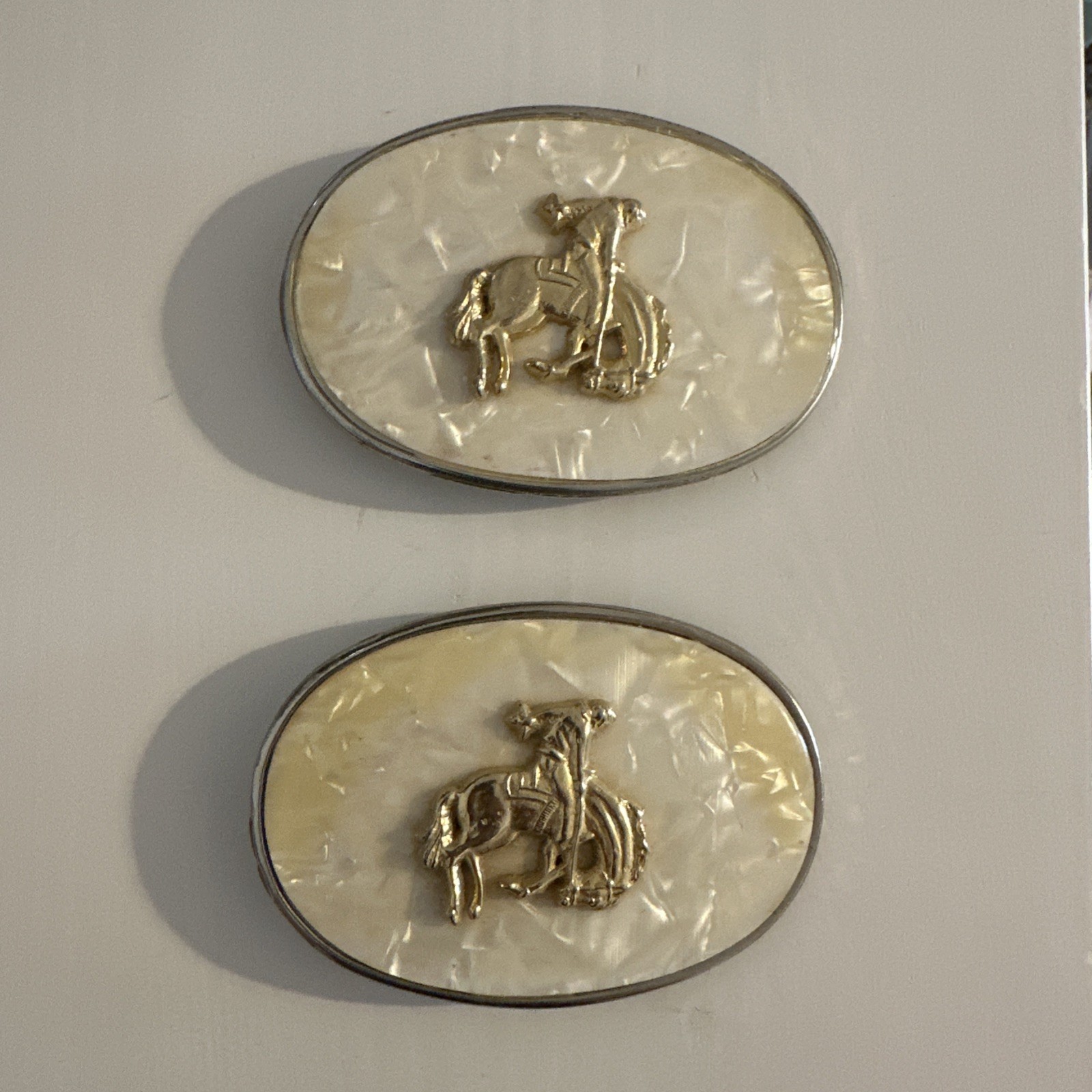 (2) Vintage Western Belt Buckle Bucking Bronco Rodeo Gold Tone and Pearl 🐴🤠