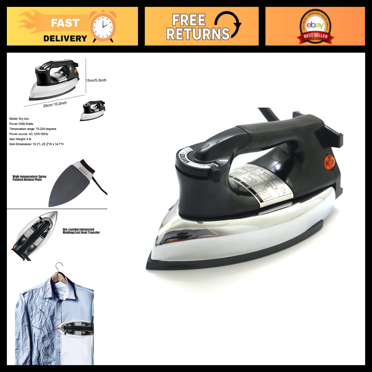 Dry Iron No Steam Heavyweight 9ft Cord Non-Stick (Heavyweight （2.2kg))