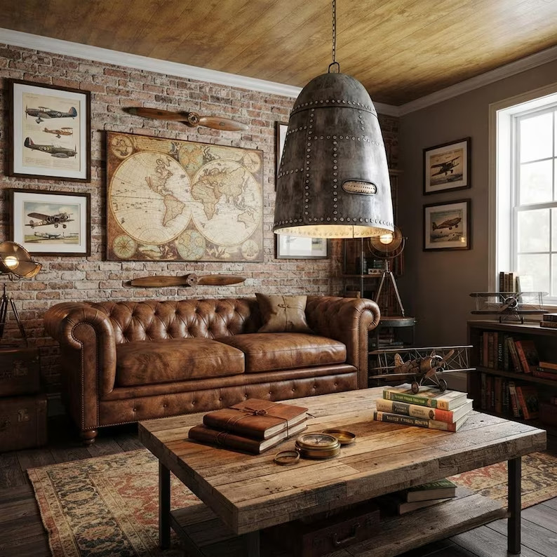 Industrial Aviator Pendant Light – Riveted Aluminum Engine Cowling Chandelier
