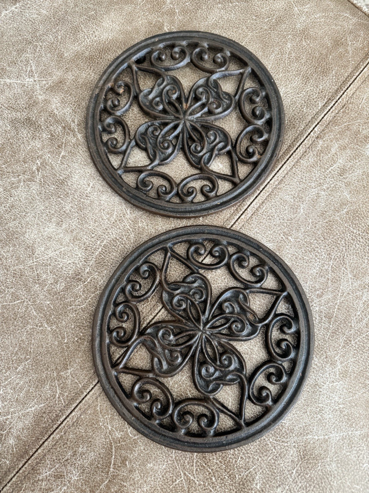 Vintage Pennsylvania Dutch Hearts Round Cast Iron Trivet Lot Of 2