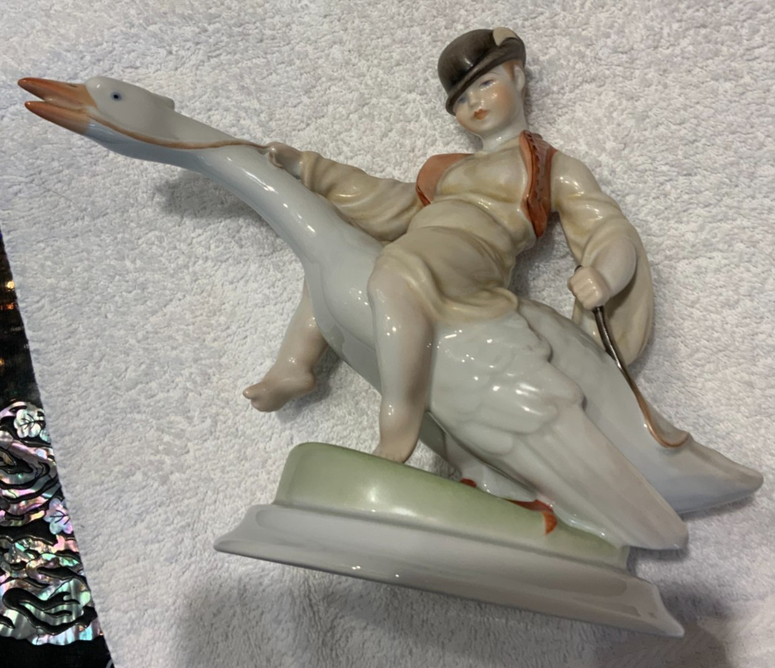 YOUNG VINTAGE BOY FROM HEREND, HUNGARY, RIDING A GOOSE, HAND PAINTED 8 1/2\