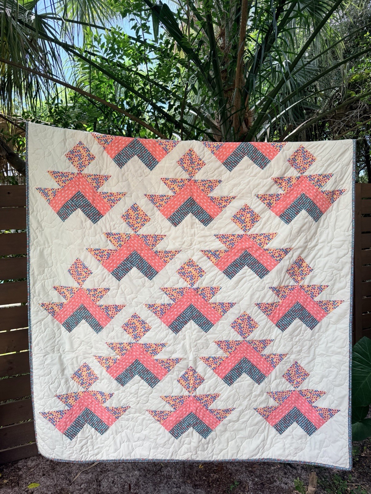 Handmade Patchwork Quilt Signed Geometric Squash Blossom Arrow Twin 76x55 Boho