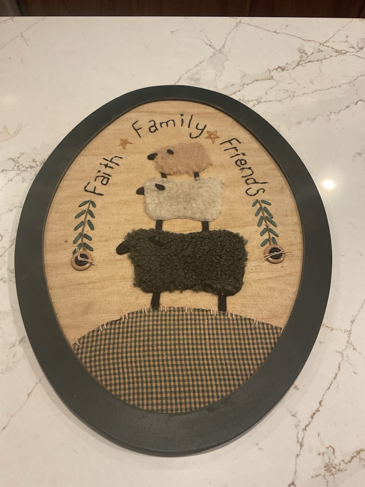 Vintage Folk Art Sheep “Faith,Family,Friends “ Hand Stitched Picture County