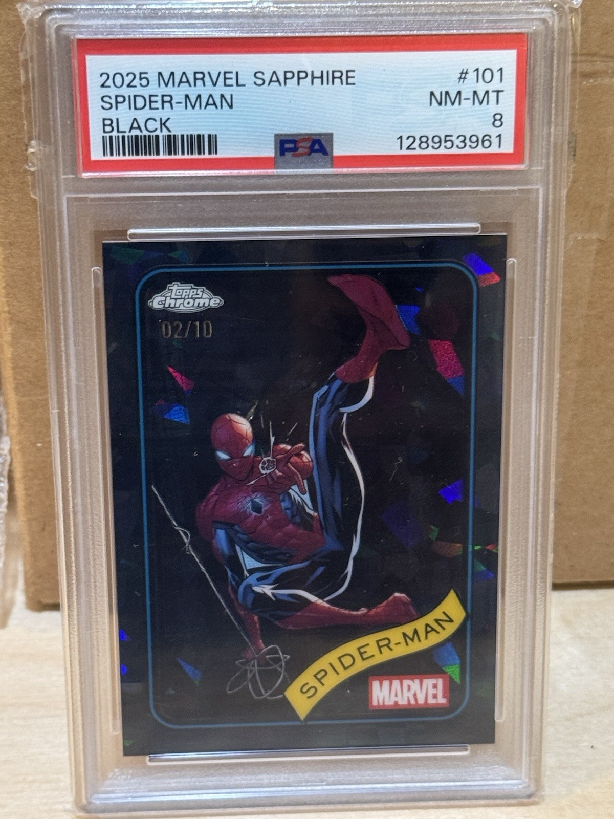 2025 Topps Chrome Marvel Sapphire SPIDER-MAN Black /10 PSA 8