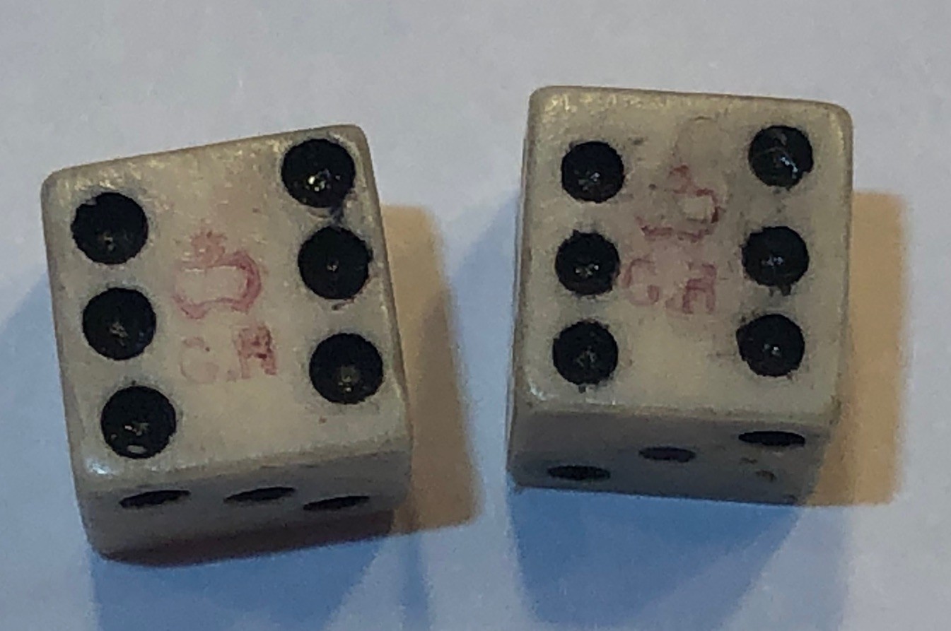 Authentic 1/4+” Rev.War Era Pair Bone (Bovine)  Crown & GR Stamped Dice
