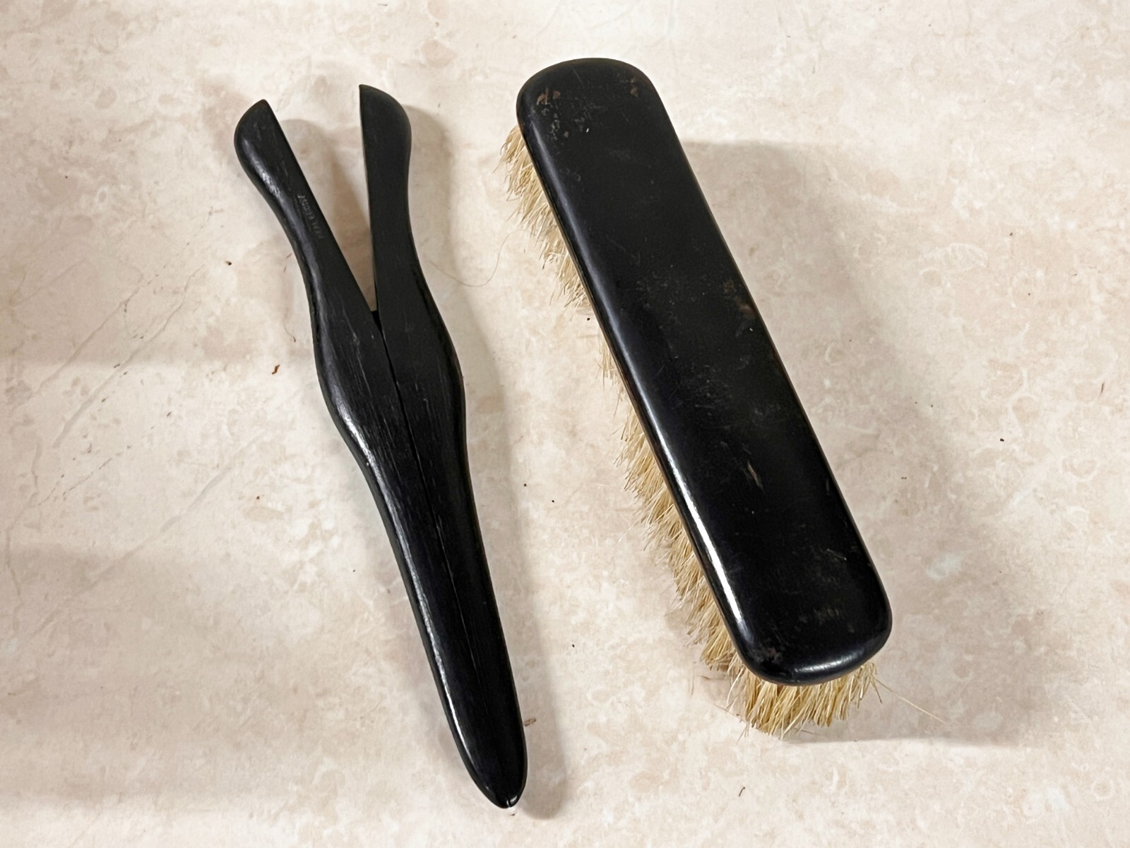 VINTAGE  ANTIQUE EBONY WOOD GLOVE FINGER STRETCHER AND BRUSH FROM DRESSING TABLE