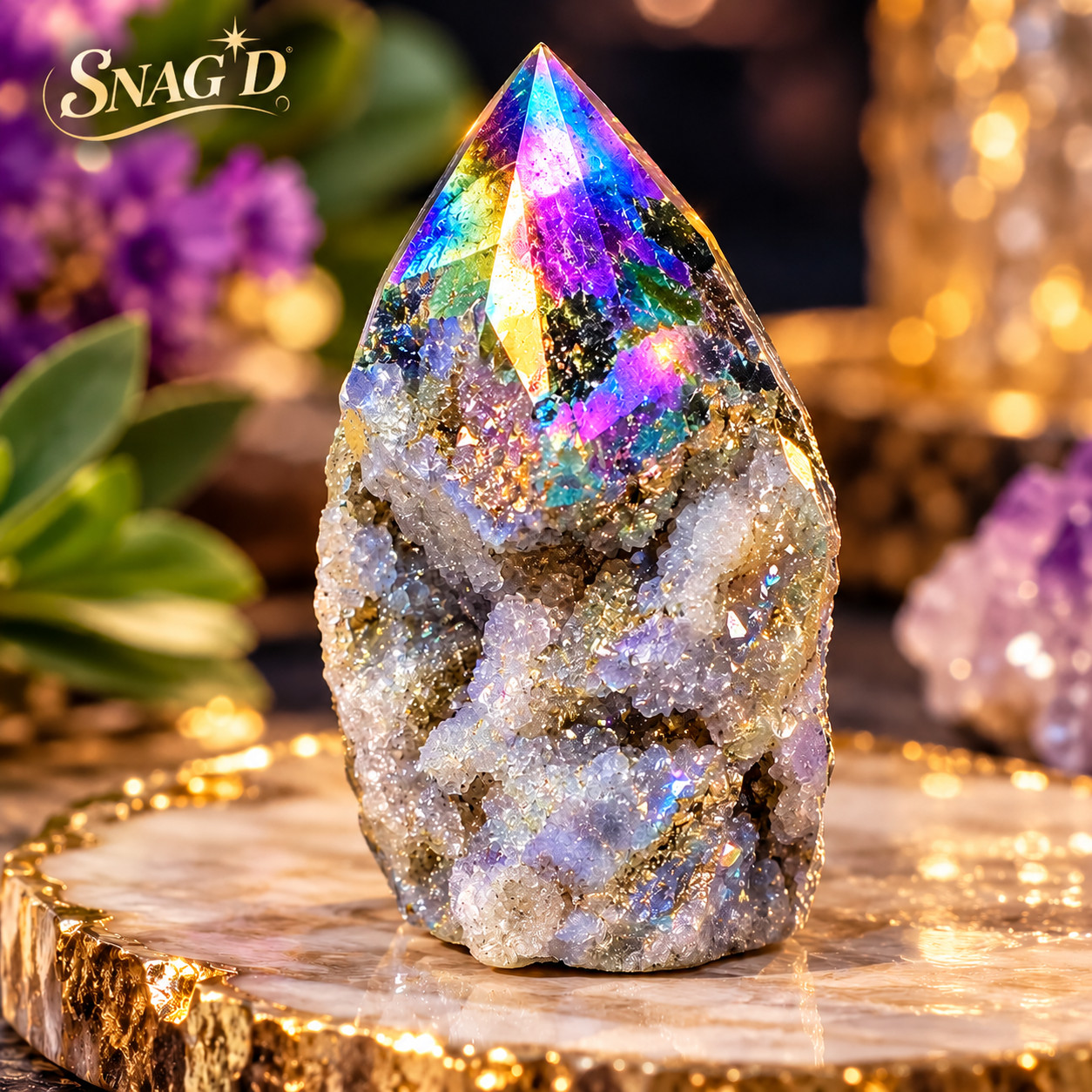 200g Angel Aura Sphalerite Flame Druzy Geode Crystal Tower Obelisk Healing Decor