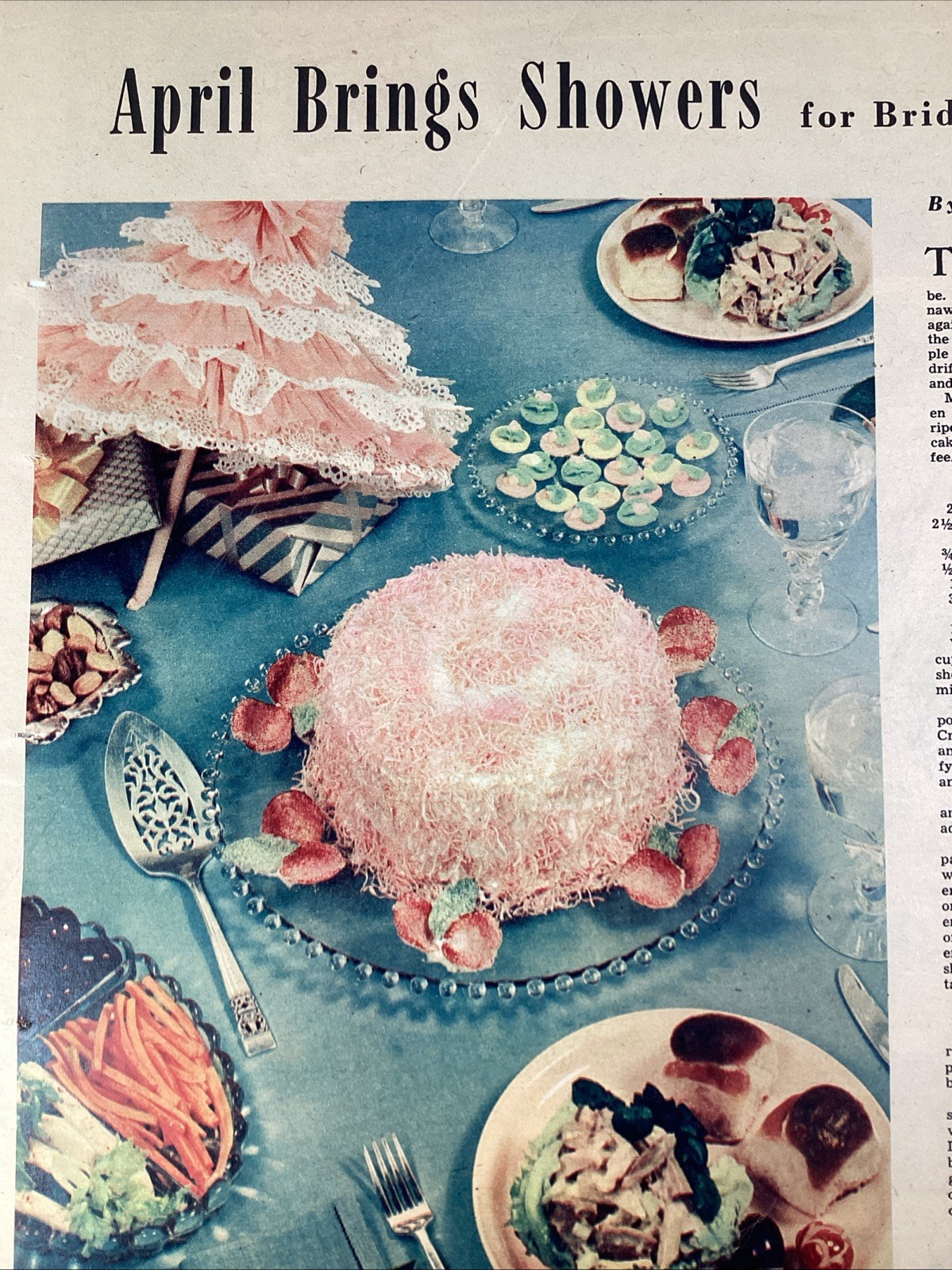 Bridal Shower Pink Coconut Cake Print Ad 1953 Atlanta AJC Food Grace Hartley