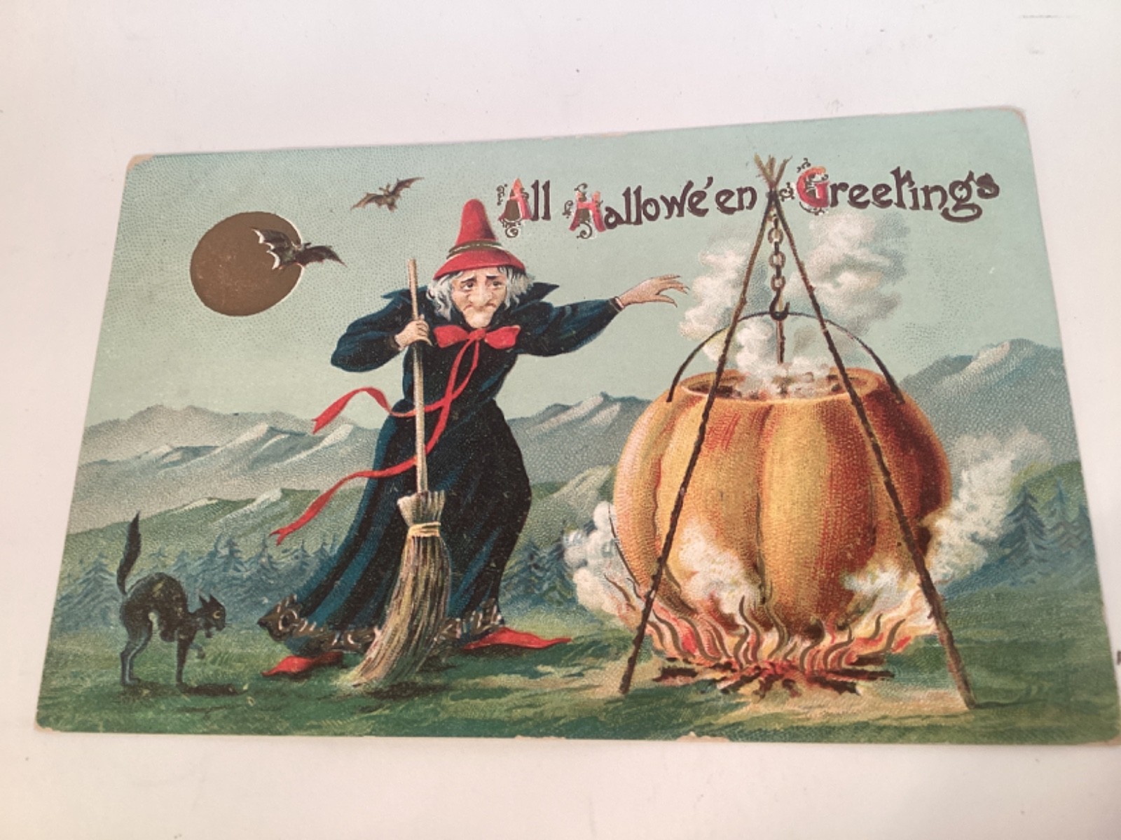 VINTAGE HALLOWEEN POSTCARD GERMANY WITCH JOL CAULDRON EMBOSSED POSTED 1908 antiq