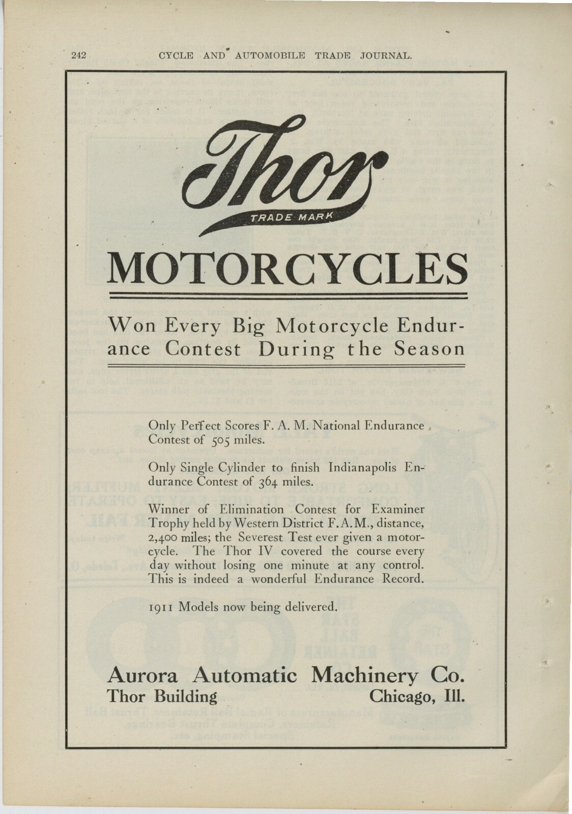 1911 Thor Motorcycles & Yale Motorcycles Ads: F&B of Pg. Chicago, Toledo, OhiO