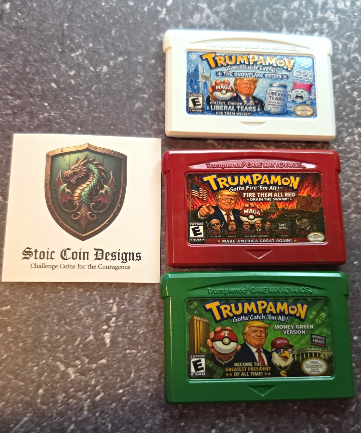 Trumpamon Parody Game Cart Coin Set Red, Green & Snowflake Edition Set of 3 SNES
