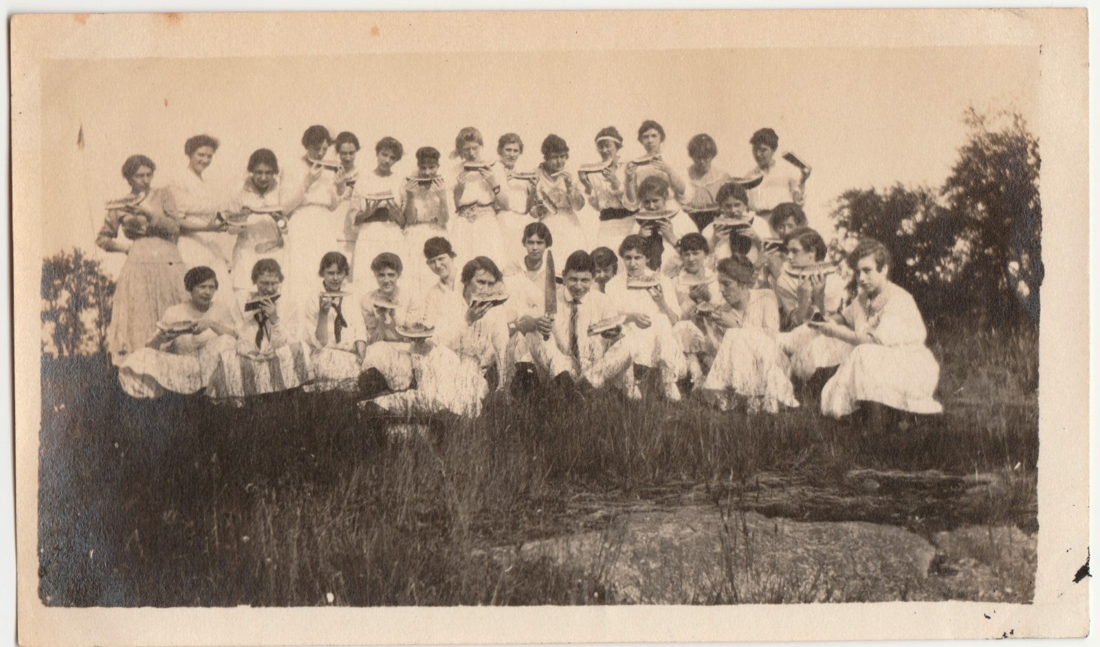 c1910s Women Watermelon Party Group Knife Picnic Vintage Snapshot Photo