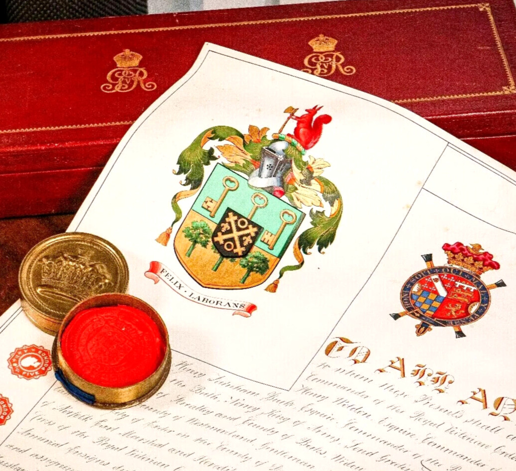 Rare Royal King George V Grant of Patent Coat of Arms Heraldry Document Box