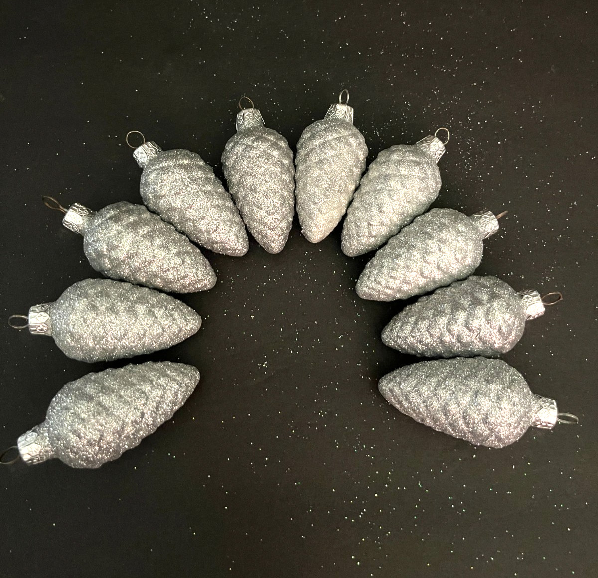 Vintage sparkle silver pine cones Christmas ornaments set of 10