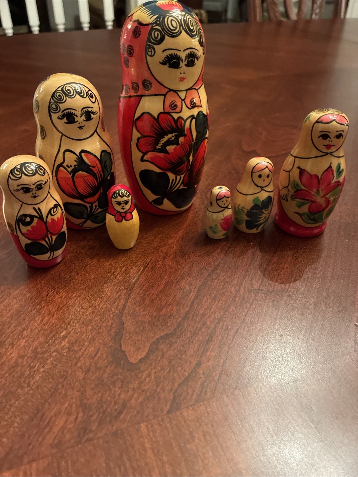 Vintage Soviet Russian Matryoshka Dolls 7 pc Set 1970s Floral Label