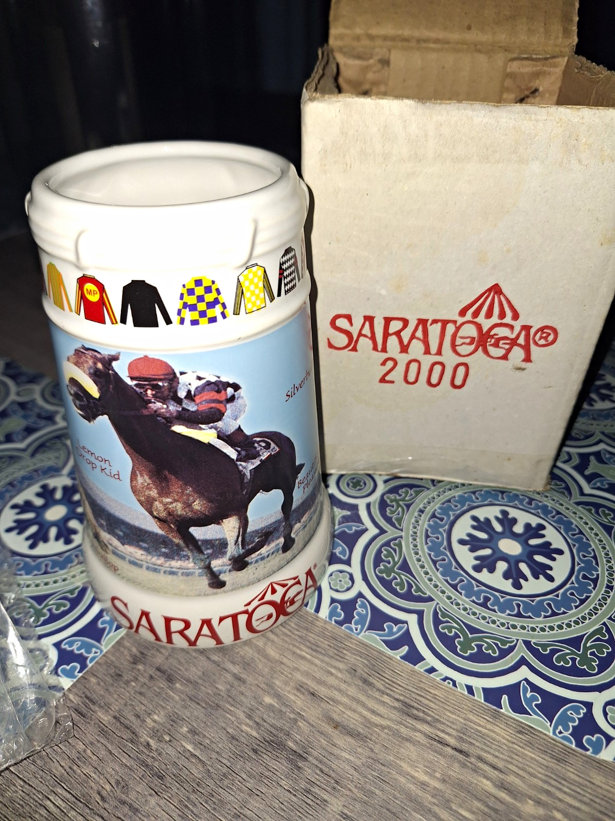 NYRA Saratoga Springs Saratoga 2000 Horse Racing Ceramic Painted Beer Mug NYRA Saratoga Springs Saratoga 2000 Horse Racing Ceramic Painted Beer Mug