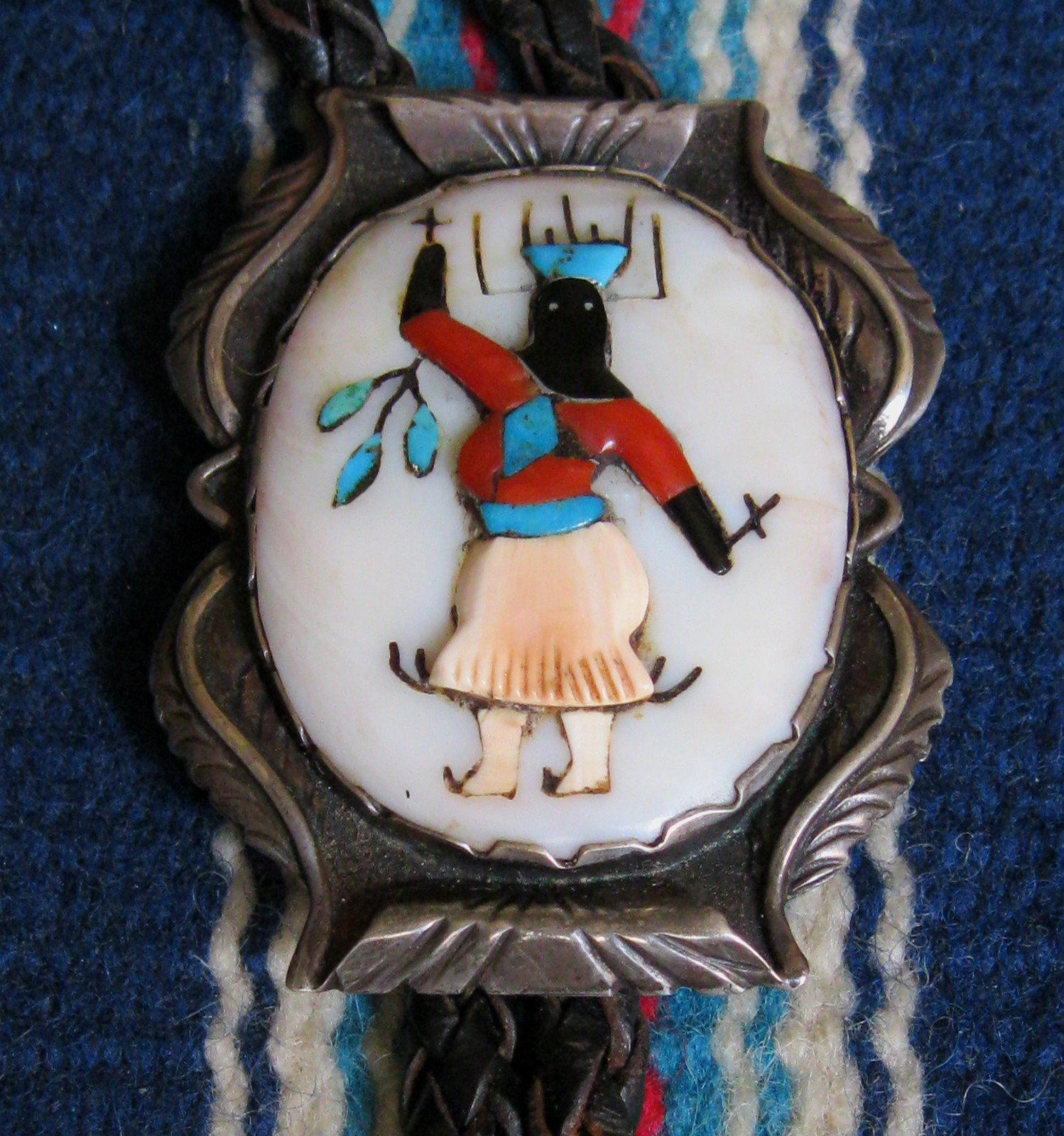 Zuni attr. CHESTER MAHOOTY Apache Gahn Dancer Bolo Mosaic Inlay 