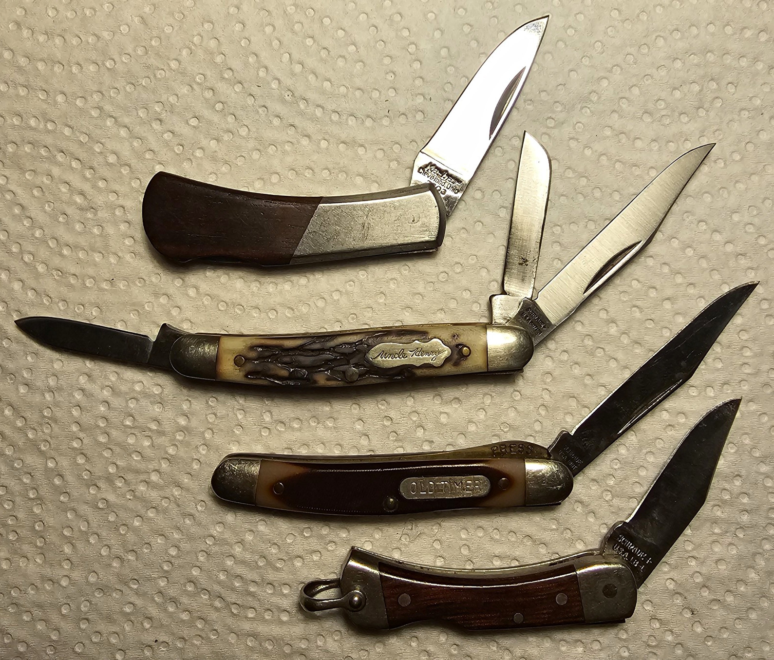 Lot of 4 Vintage Pocketknives, Wood & Plastic Handles, Stainless Slipjoint