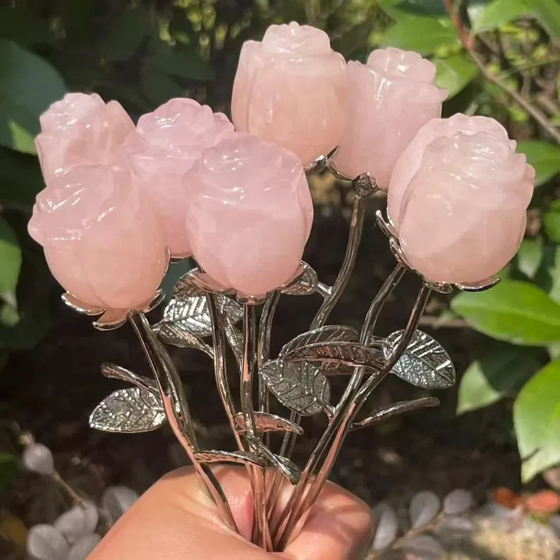 5PCS Genuine Rose Quartz Hand Carved Crystal Pink Flower Healing Home Decor