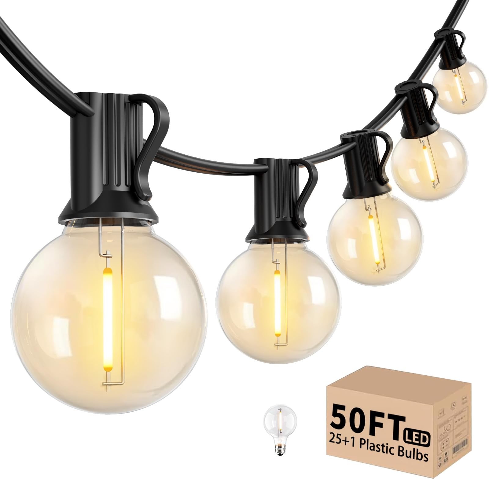 LACHON Outdoor String Lights Waterproof 50 FT with 25 G40 IP65 Bulbs 50FT-LED