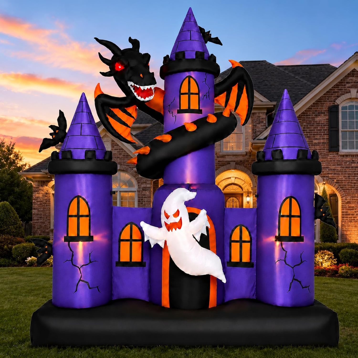 9 FT Giant Halloween Inflatable Haunted Castle W/ Dragon & Ghost