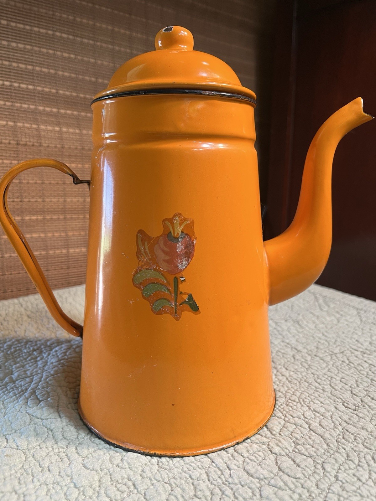 Vintage Orange Enamelware Tea Coffee Pot Black Trim Enamel 1960\'s