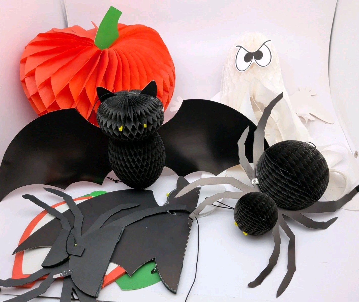 LOT OF 7: Vintage Beistle HONEYCOMB Halloween Decor Spider Bat Ghost Pumpkin
