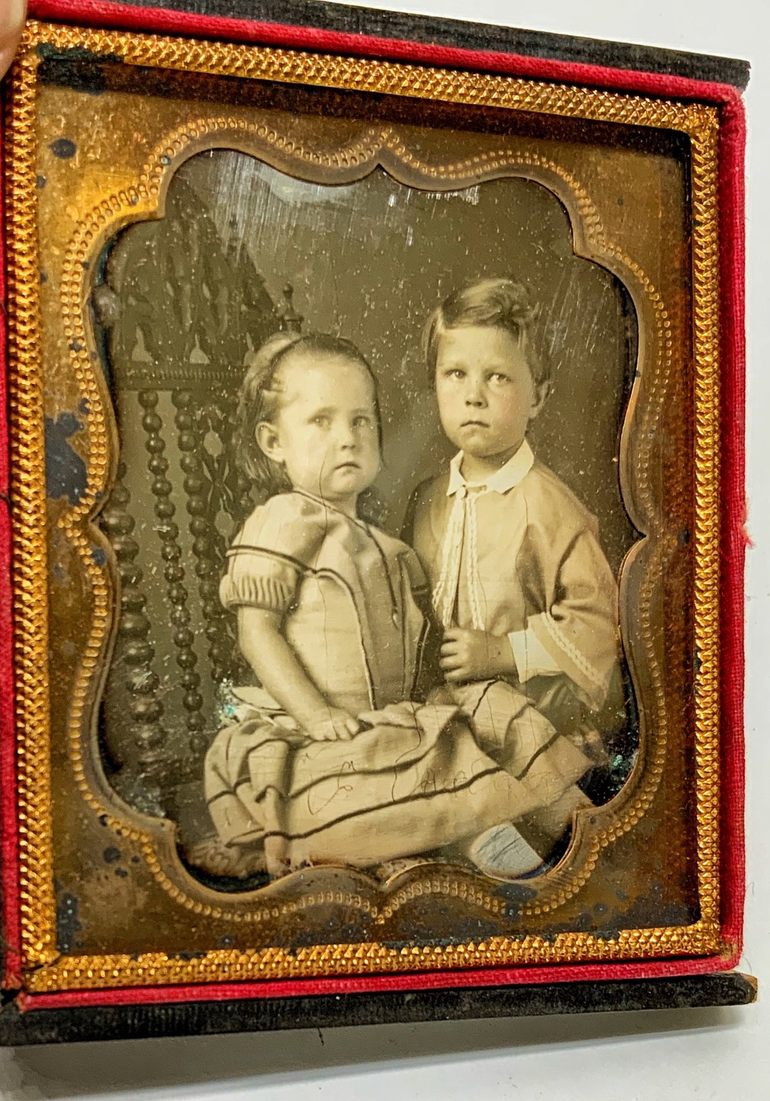 Antique tinted Daguerreotype Two children brother & sister