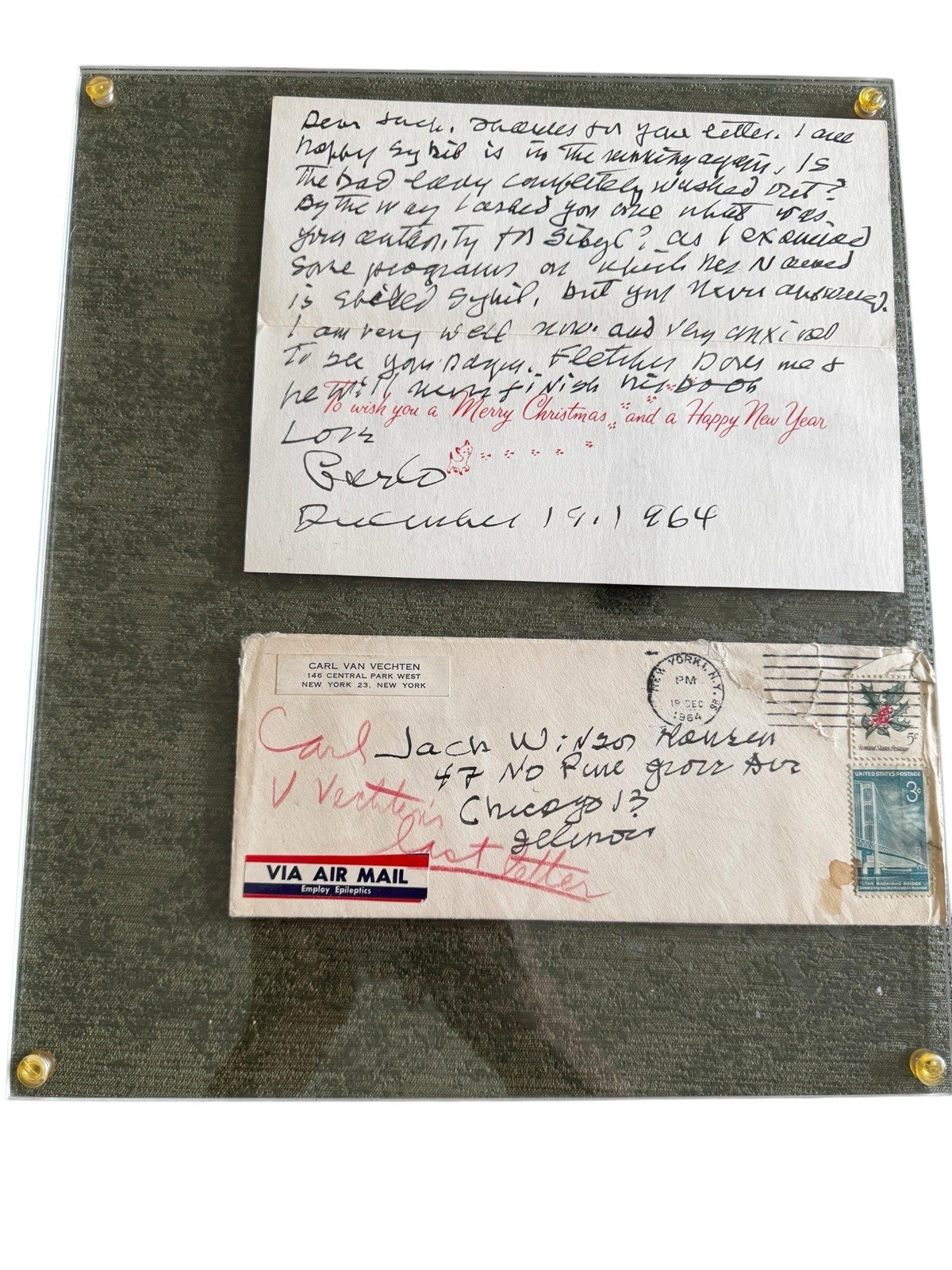 Framed 1964 Carl Van Vechten Hand Written Note On Ralph Hulett Card, Doublesided