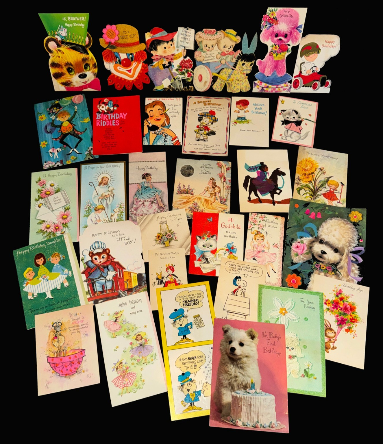 32 Vintage Birthday Greeting Cards Lot 1950s 60s Kids Animals Die Cut MCM