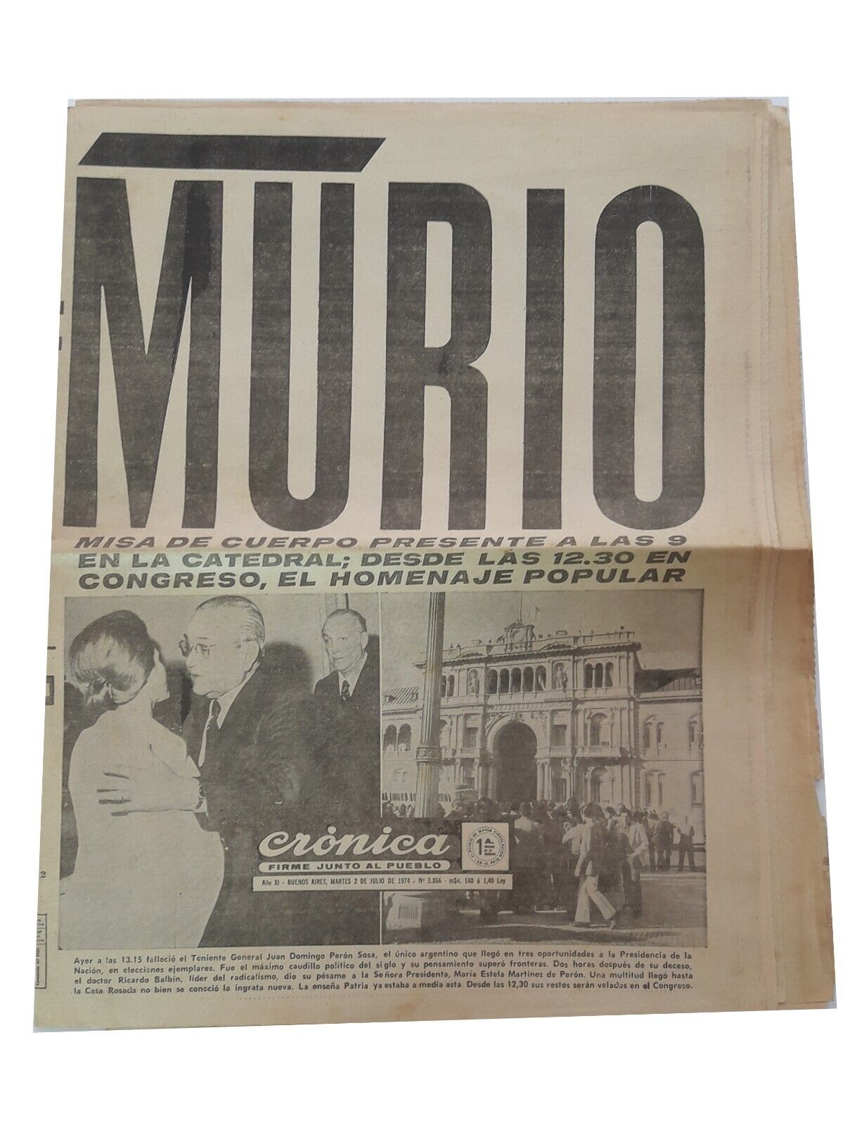 Vtg 1974 Juan Domingo Perón Death Argentina Auth Crónica Newspaper Unique Issue