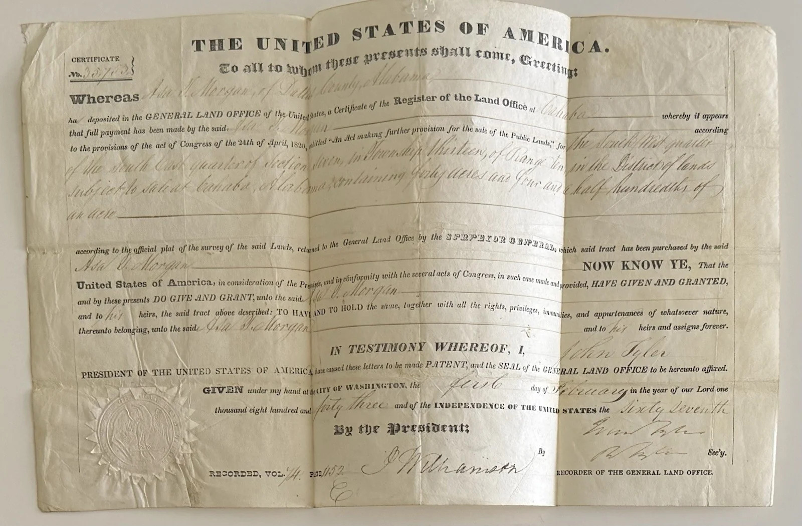 1843 Land Grant With John Tyler Signature