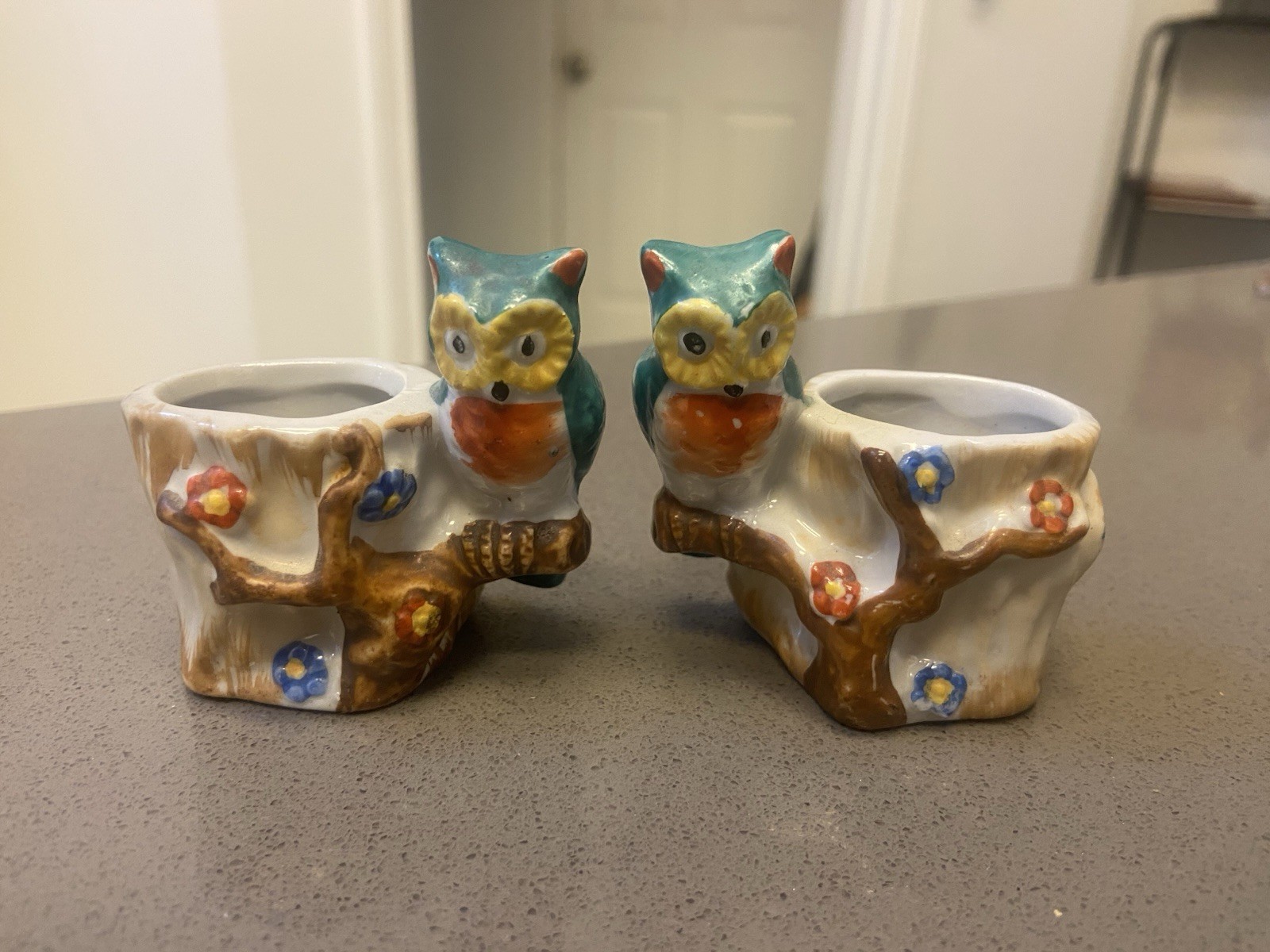 Two Vintage Antique Owl Tooth Pick Holder Occupied Japan 2.5”T