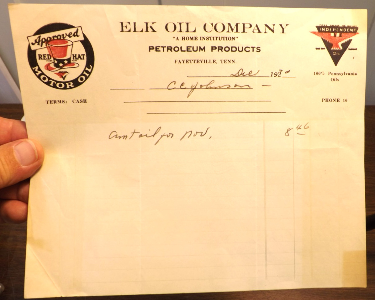 RARE VTG BILLHEAD INVOICE 1930 ELK OIL COMPANY FAYETTEVILLE TN RED HAT MOTOR