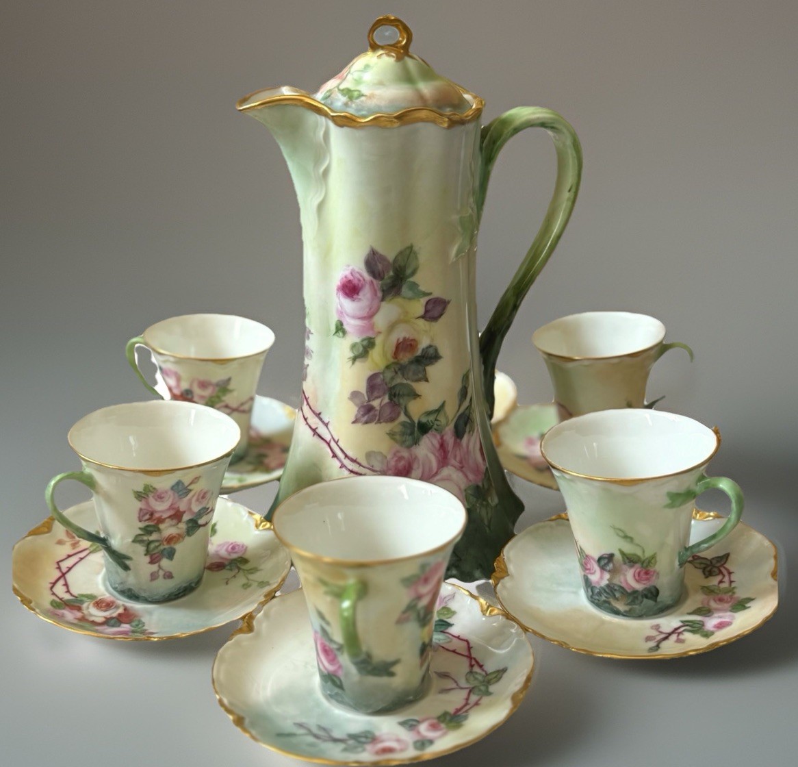 Antique Haviland Limoges Green Beauty Rose Chocolate Pot Gold France 13 Pieces