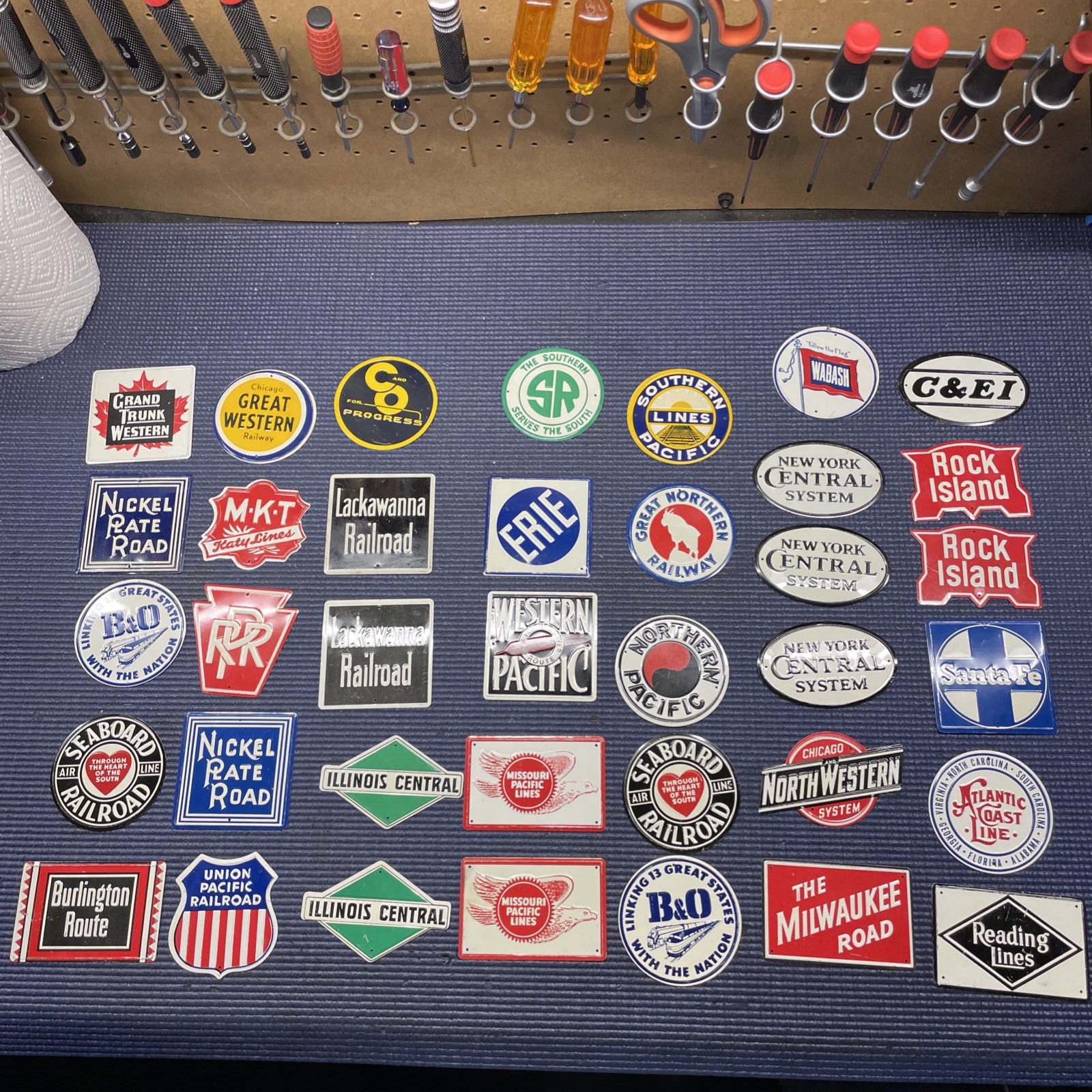 1950s VINTAGE RAILROAD TIN METAL MINIATURE SIGNS LOT OF 37