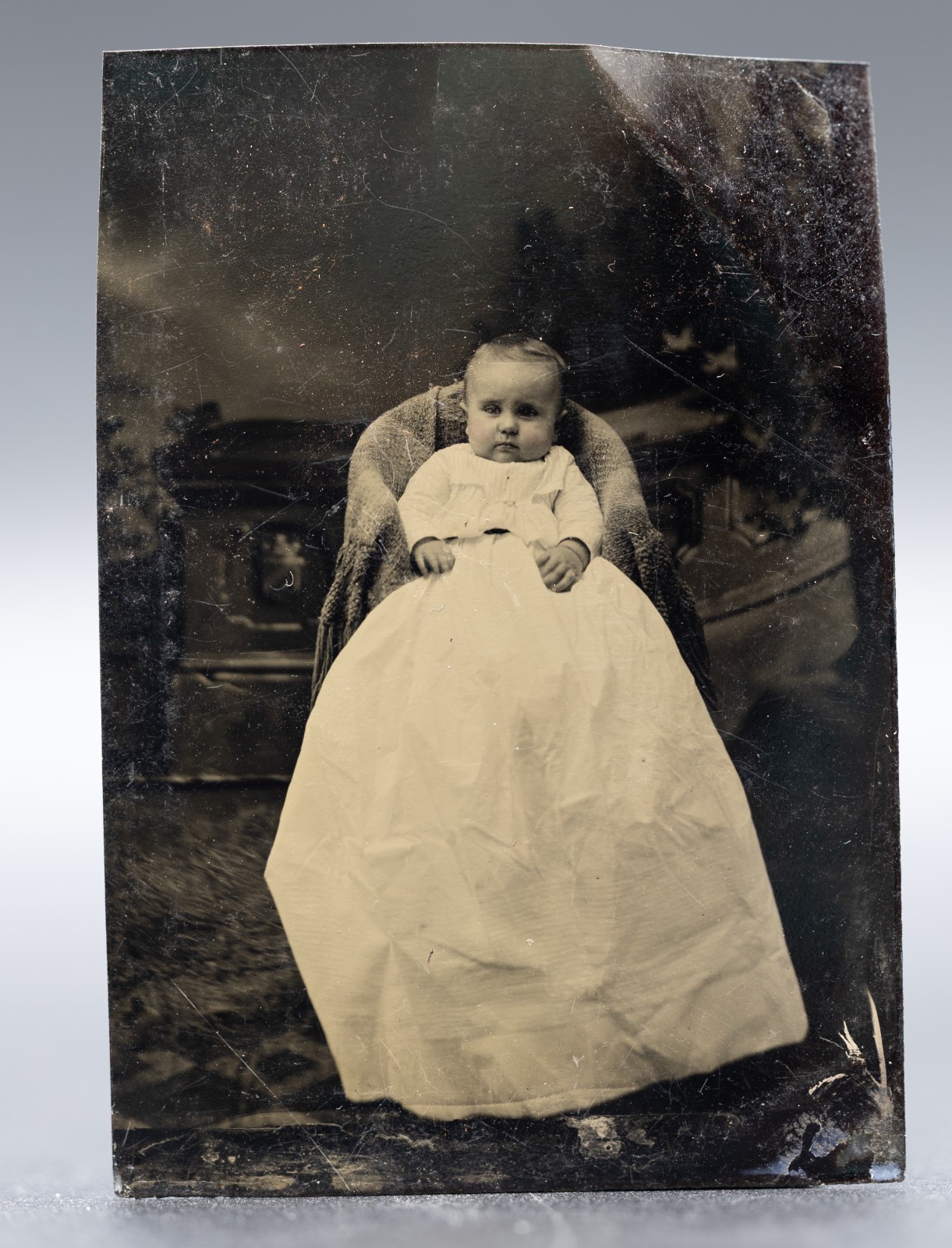 Antique 1/6 Plate Tintype Photo Baby Long White Gown Christening Dress Chair