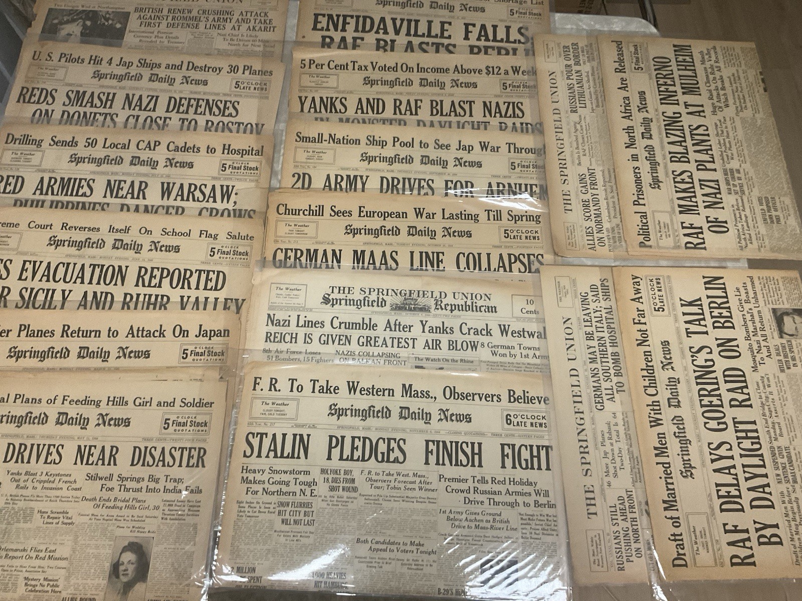 16 WWII Original Newspaper Front Pages Lot 1940s War Headlines Display Ready