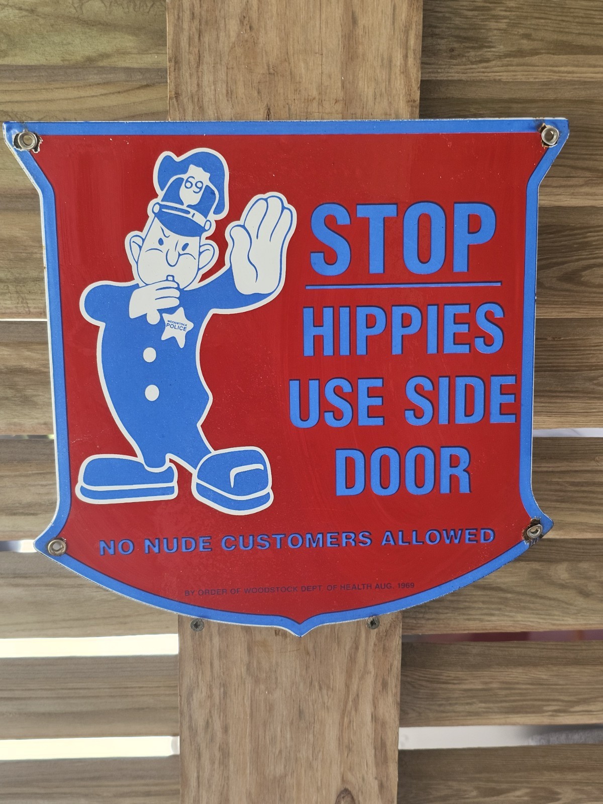Vintage 1969 WOODSTOCK HIPPIES USE SIDEDOOR Porcelain Sign RARE