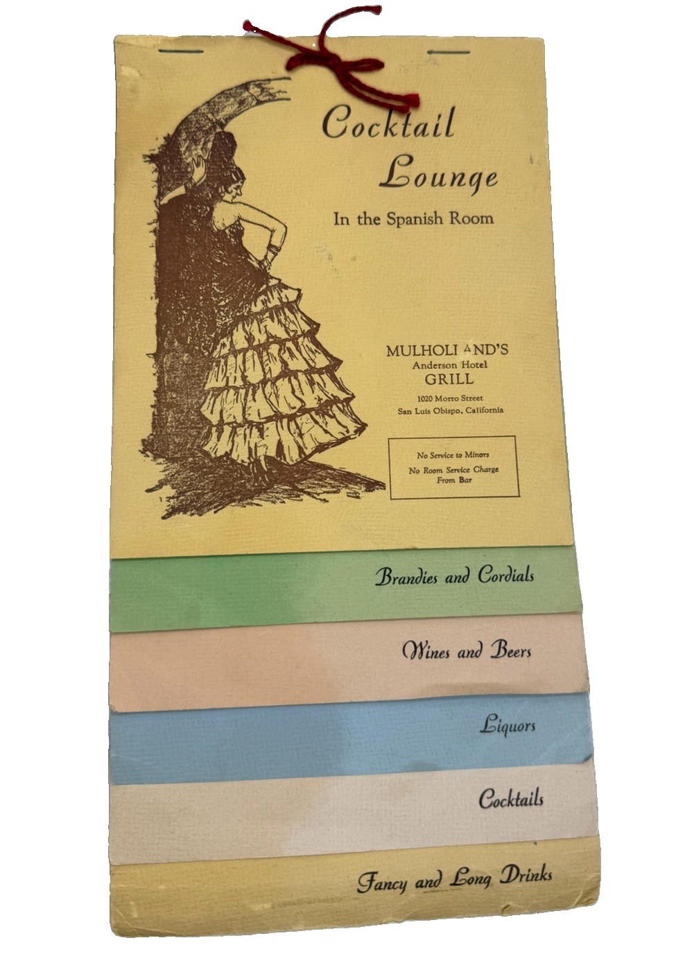Vintage Menu Anderson Hotel San Luis Obispo Spanish Room Cocktail Lounge SLO