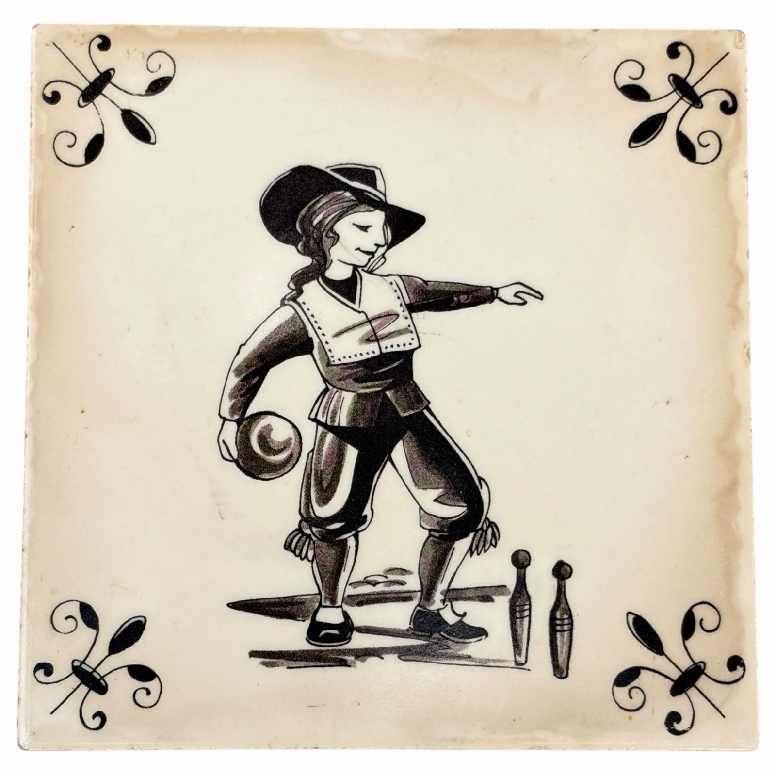 Vintage Dutch Delft Style Ceramic Tile Child Playing Ninepins Skittles Bowling