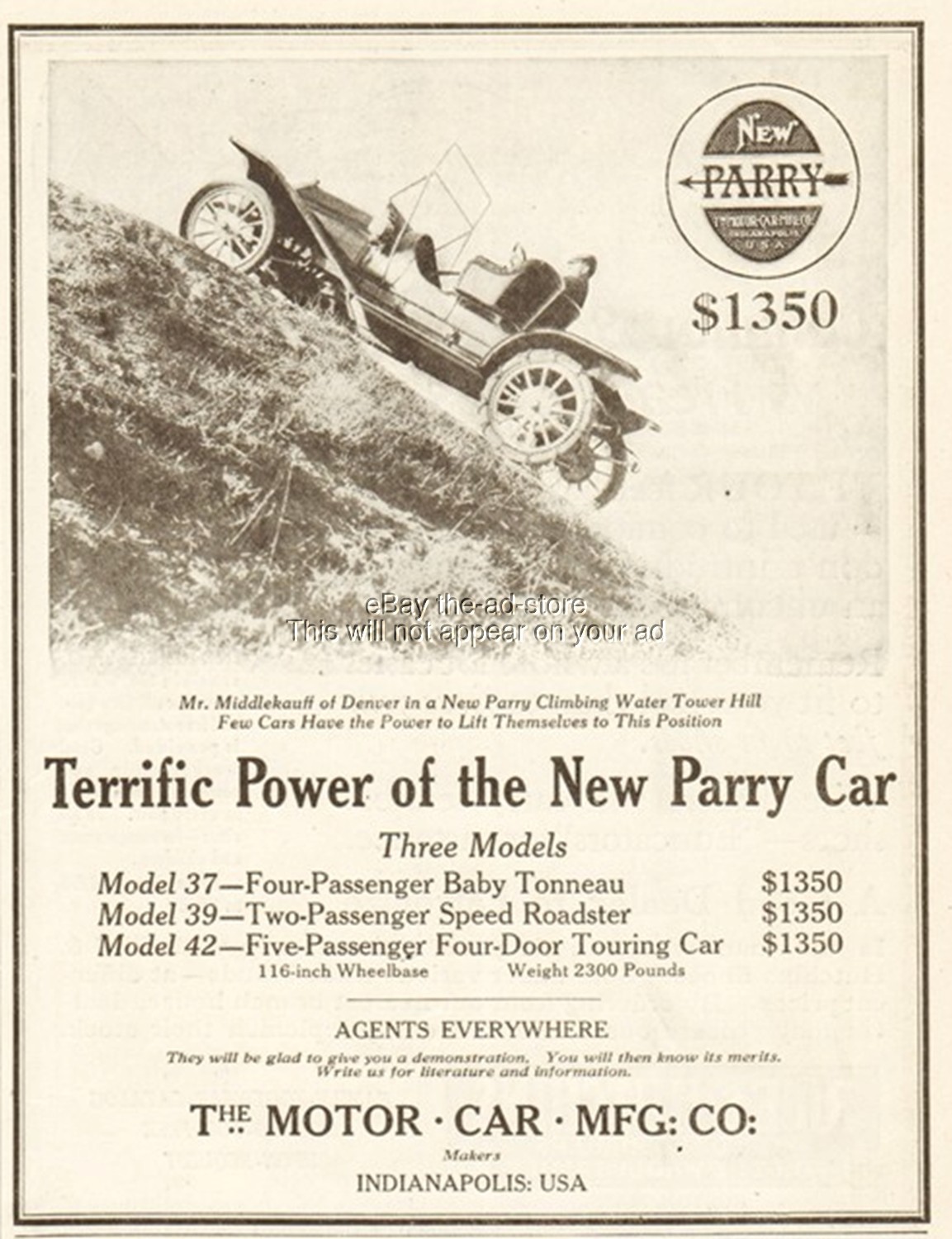 1911 Parry Speed Roadster Model 39 Indianapolis IN Middlekauff  Denver CO Ad