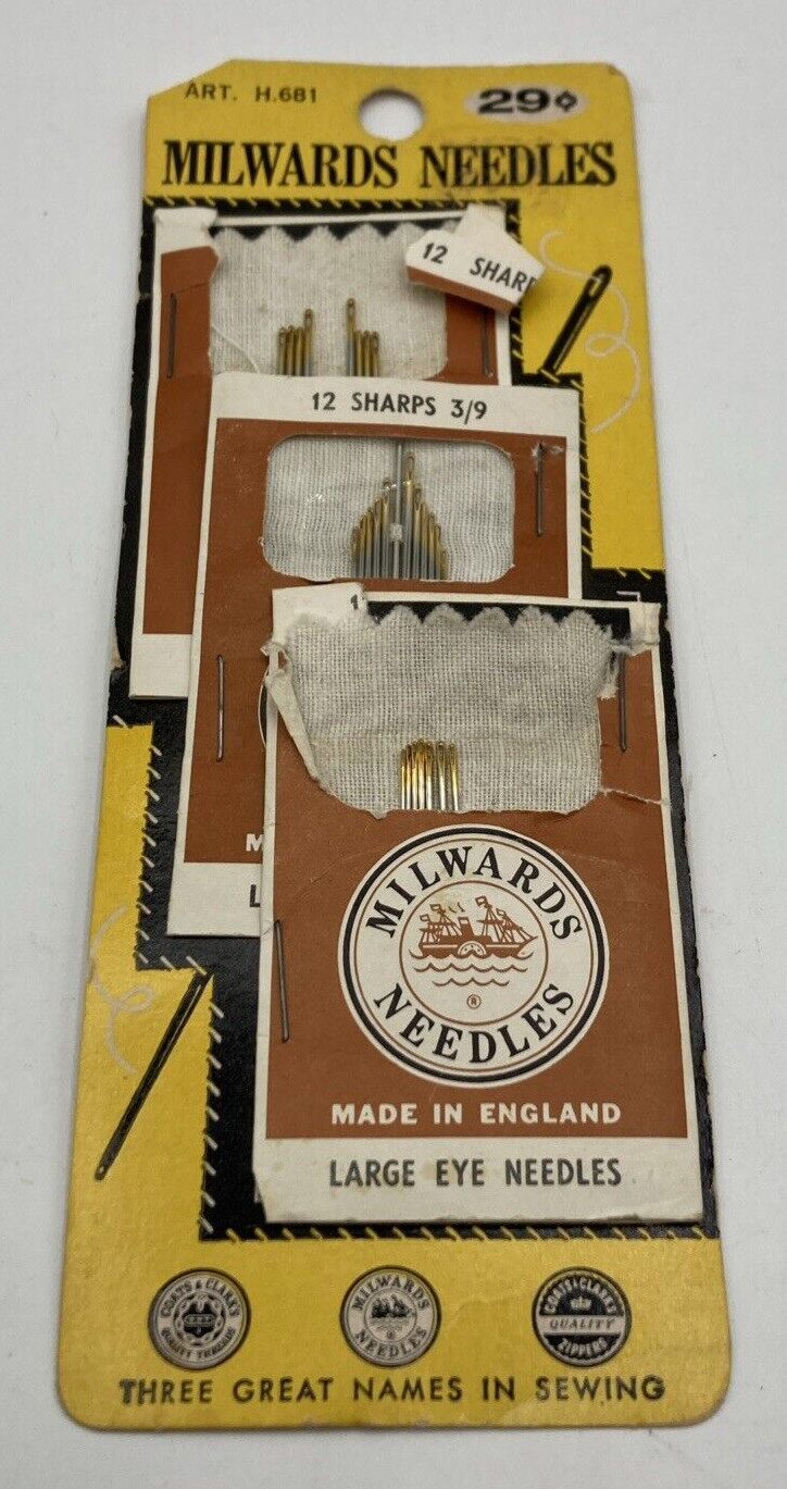 Lot of 3 Vintage Milwards Needles Large Eye Sewing Notions on Original Package