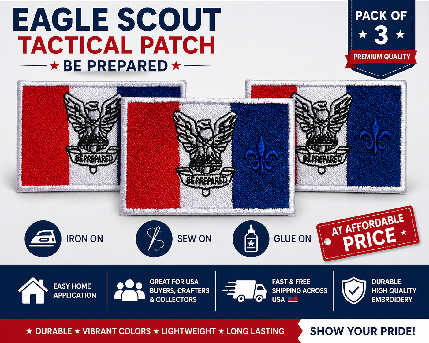 Eagle Scout Tactical Patch Be Prepared Embroidered Iron On Sew On 3 Pack USA New
