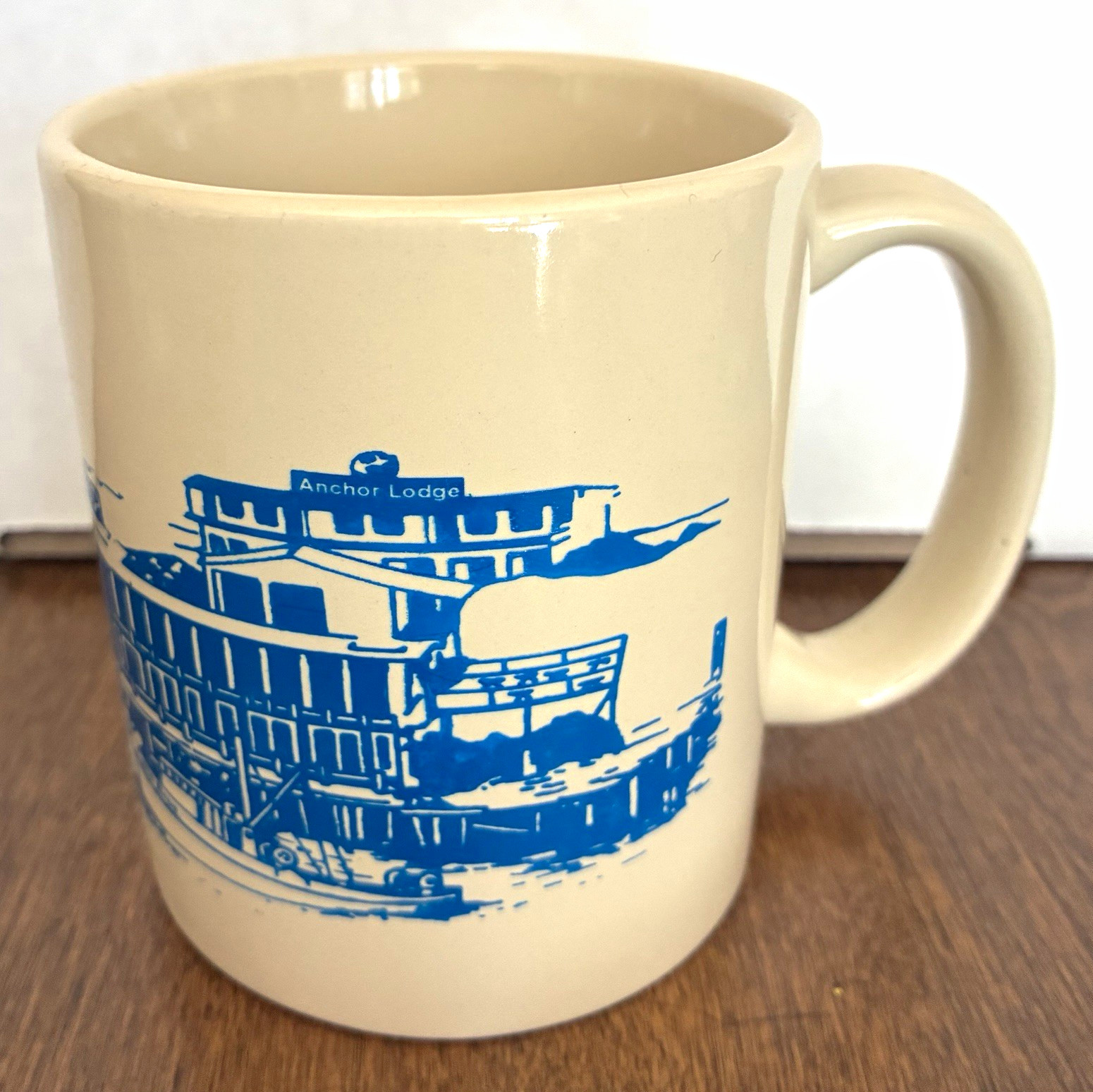 Wharf Restaurant Anchor Lodge Fort Bragg CA Ceramic Mug Beige Blue Graphics