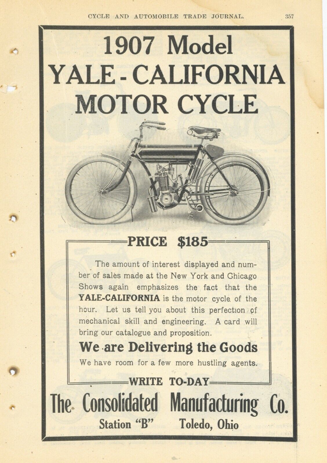 1907 Yale California Motorcycle Ad: Consolidated Mfg. Co. Toledo, Ohio