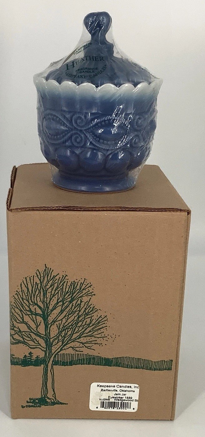 Keepsake Candles-Bartlesville OK VTG Blue Jam Jar candleholder- New Old Stock