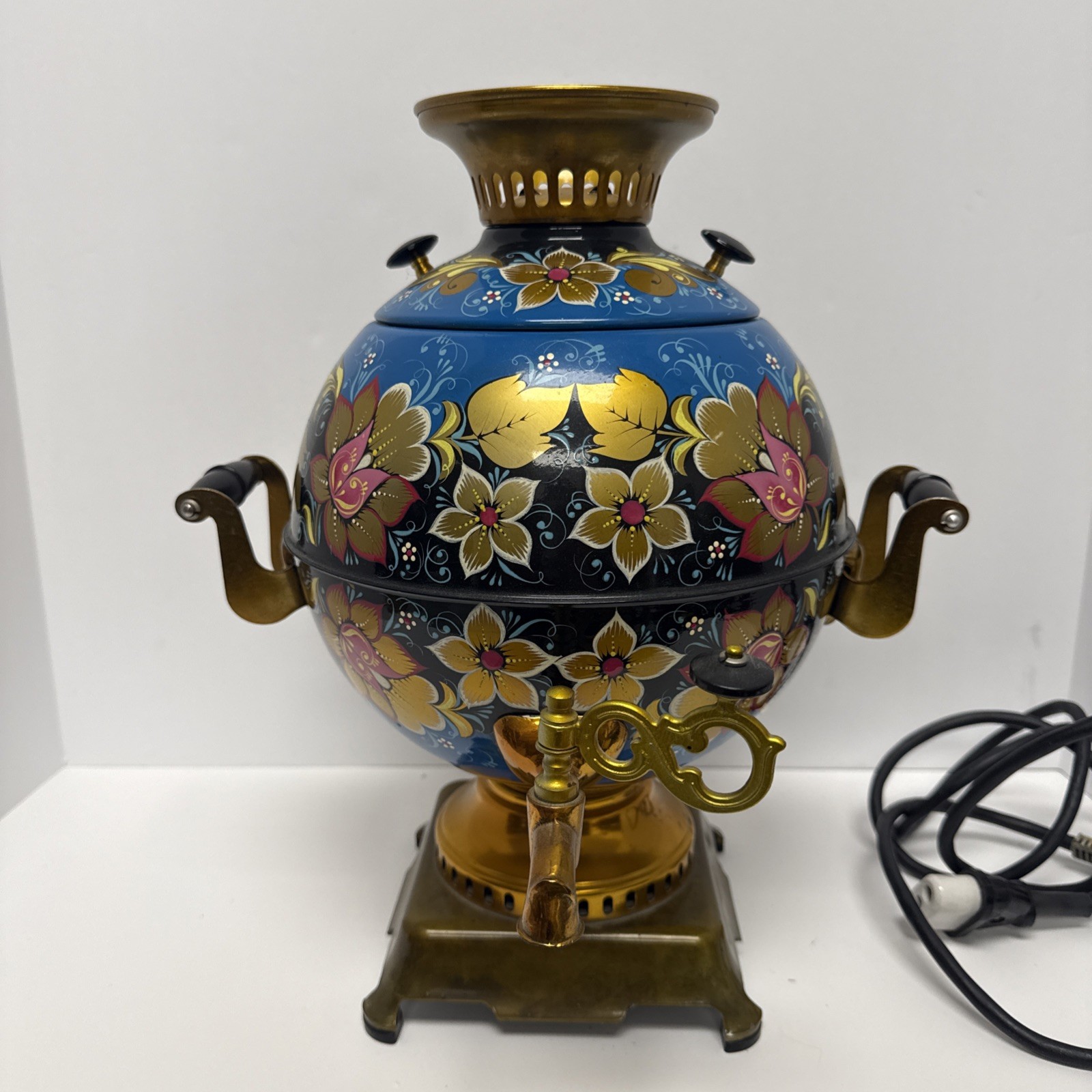 Vtg Electric Samovar USSR Blue, Gold 14” Tall